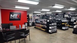 Motion Trailer Worx trailer parts showroom with lights, jacks, bearings, suspension parts, accessories, and replacement trailer components